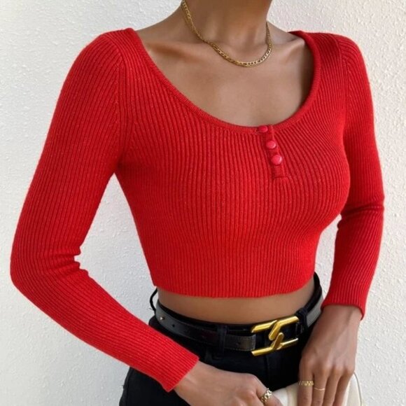 Scoop Neck Button detailed Cropped Rib-Knit Sweater top Red - Picture 3 of 7